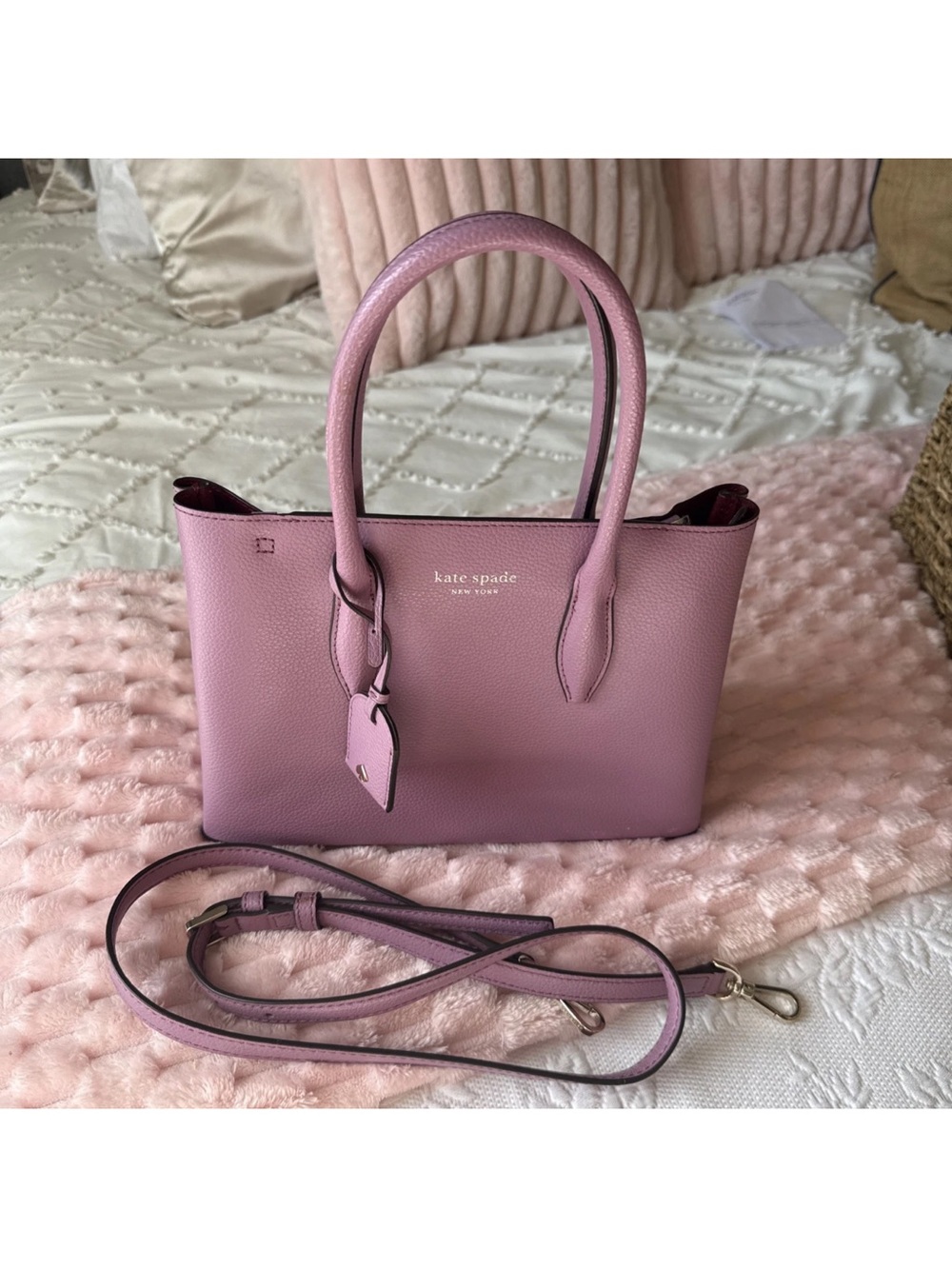 Kate Spade Lilac Pink Leather Satchel Purse with Detachable Strap